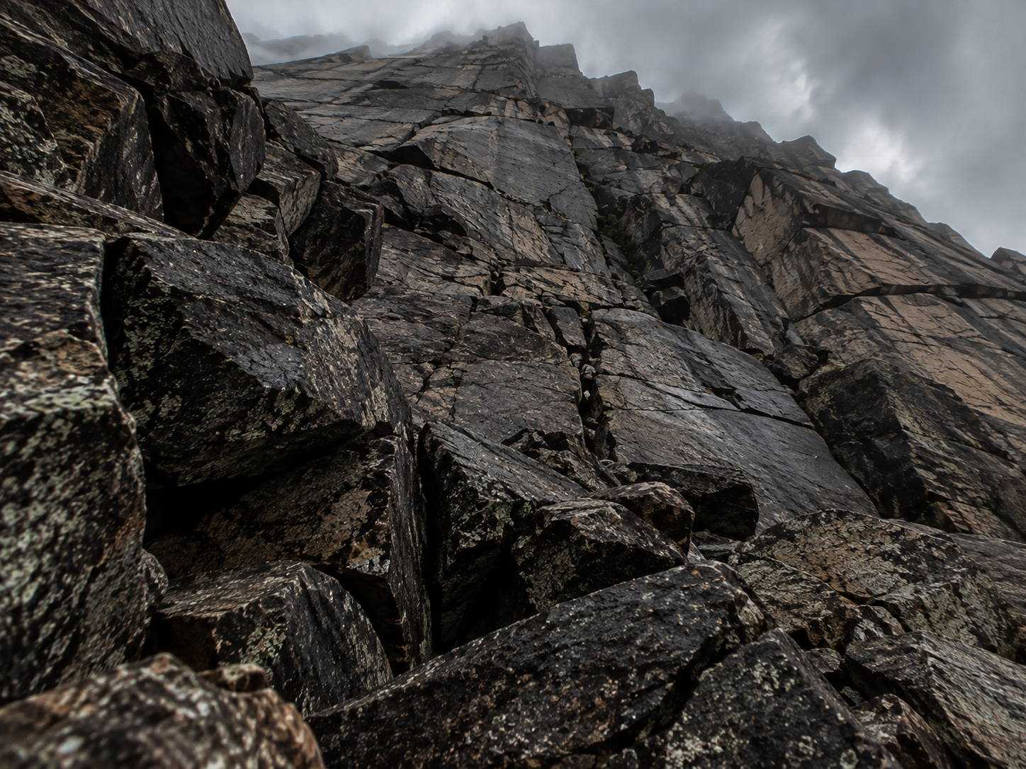 Looking upward from the foot of a mountain